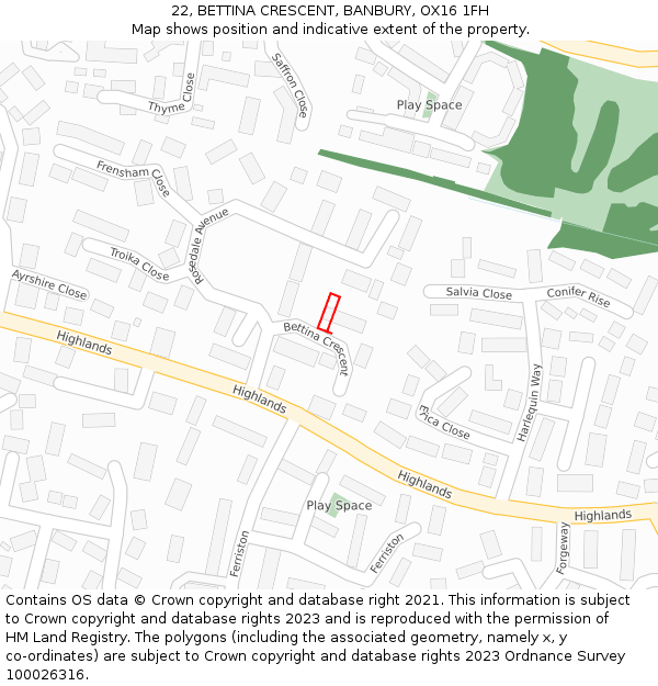 22, BETTINA CRESCENT, BANBURY, OX16 1FH: Location map and indicative extent of plot