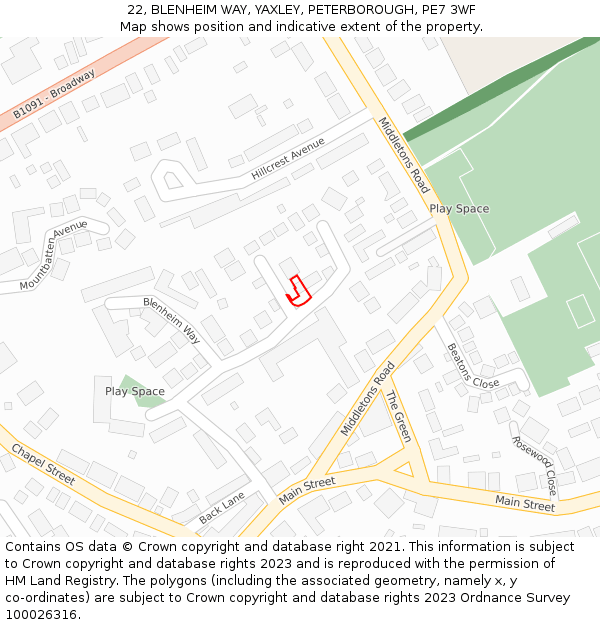 22, BLENHEIM WAY, YAXLEY, PETERBOROUGH, PE7 3WF: Location map and indicative extent of plot