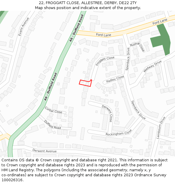 22, FROGGATT CLOSE, ALLESTREE, DERBY, DE22 2TY: Location map and indicative extent of plot