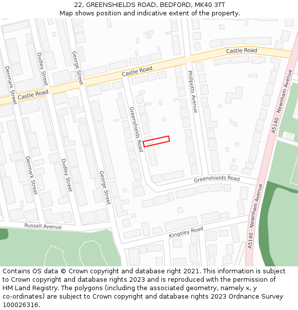 22, GREENSHIELDS ROAD, BEDFORD, MK40 3TT: Location map and indicative extent of plot