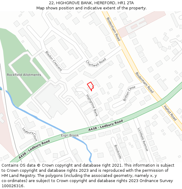 22, HIGHGROVE BANK, HEREFORD, HR1 2TA: Location map and indicative extent of plot