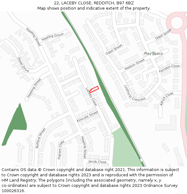 22, LACEBY CLOSE, REDDITCH, B97 6BZ: Location map and indicative extent of plot