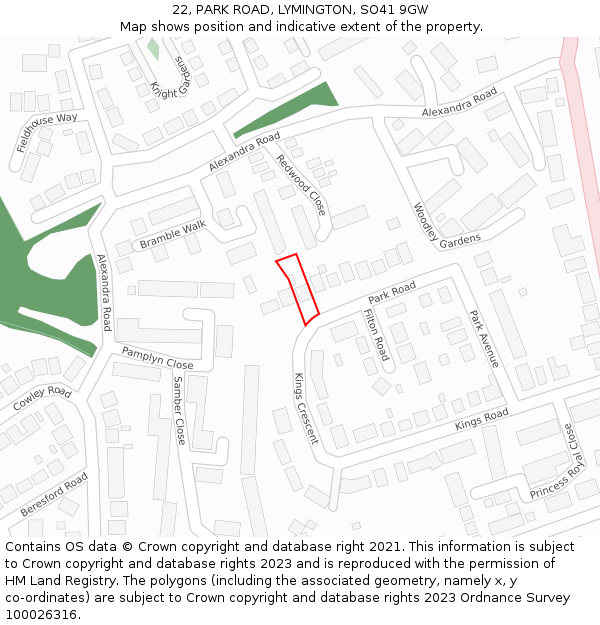 22, PARK ROAD, LYMINGTON, SO41 9GW: Location map and indicative extent of plot