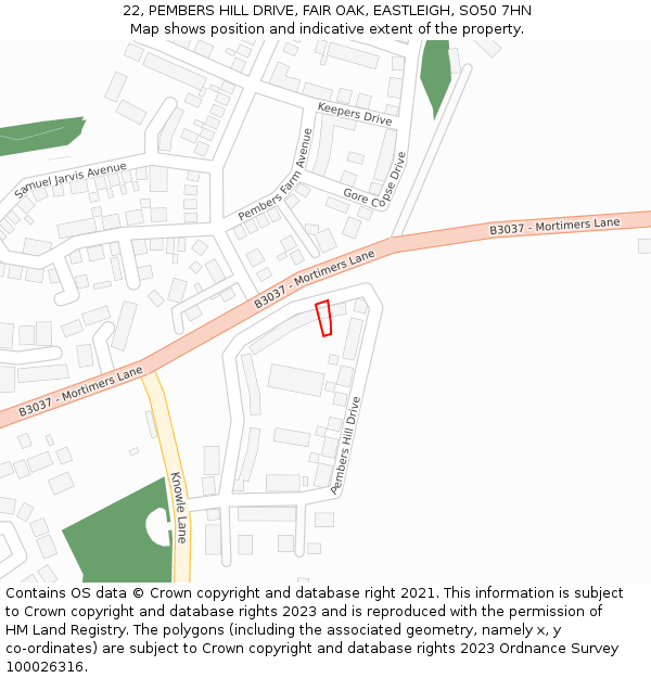 22, PEMBERS HILL DRIVE, FAIR OAK, EASTLEIGH, SO50 7HN: Location map and indicative extent of plot