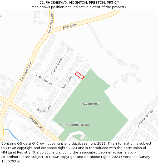 22, RHODESWAY, HOGHTON, PRESTON, PR5 0JY: Location map and indicative extent of plot