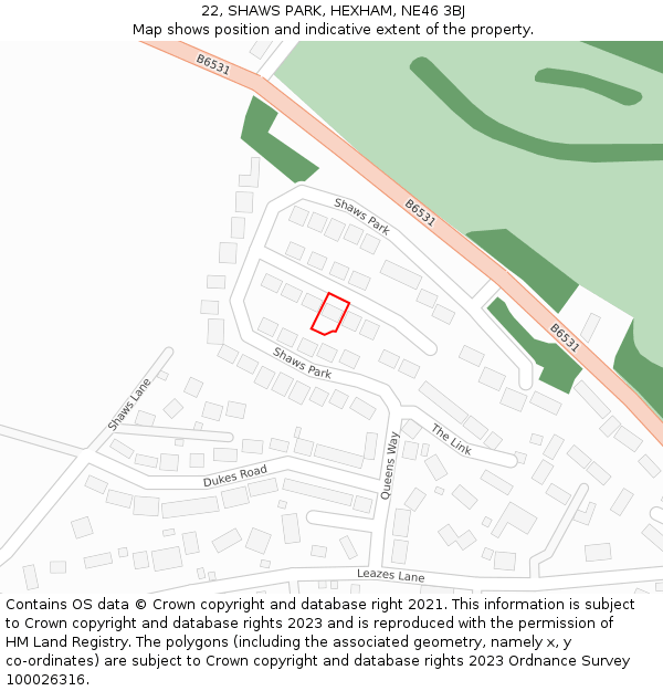 22, SHAWS PARK, HEXHAM, NE46 3BJ: Location map and indicative extent of plot