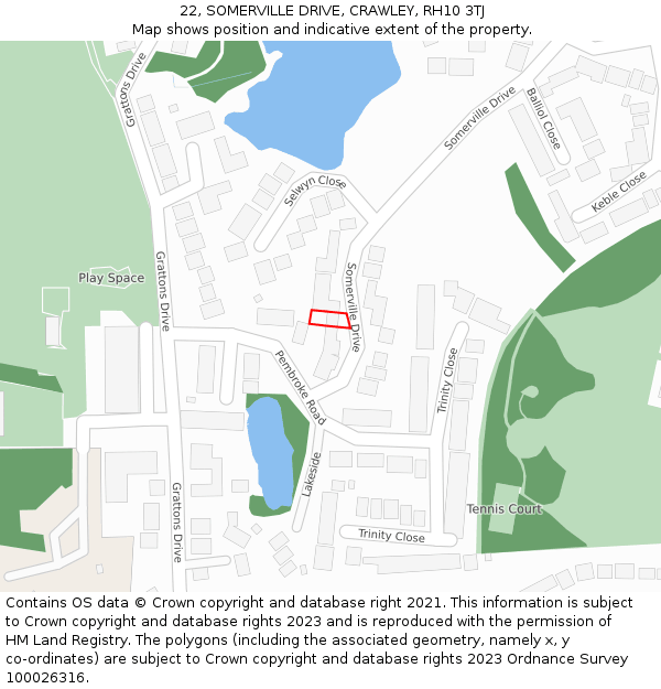 22, SOMERVILLE DRIVE, CRAWLEY, RH10 3TJ: Location map and indicative extent of plot