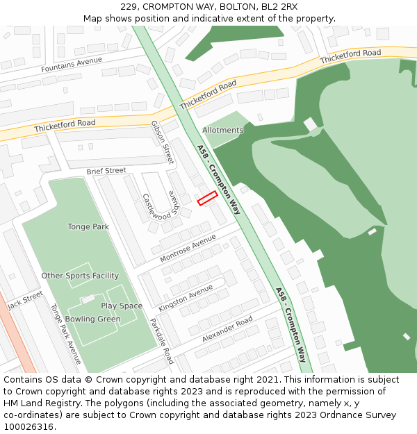 229, CROMPTON WAY, BOLTON, BL2 2RX: Location map and indicative extent of plot