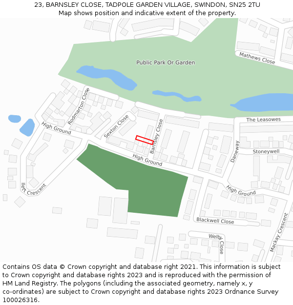 23, BARNSLEY CLOSE, TADPOLE GARDEN VILLAGE, SWINDON, SN25 2TU: Location map and indicative extent of plot