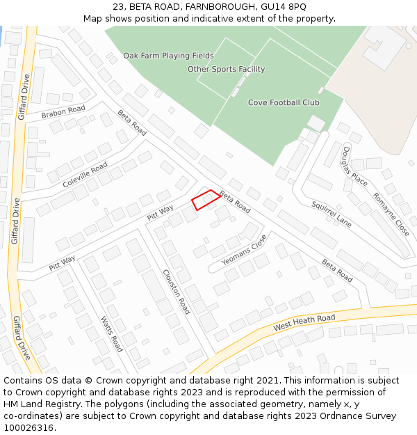 23, BETA ROAD, FARNBOROUGH, GU14 8PQ: Location map and indicative extent of plot