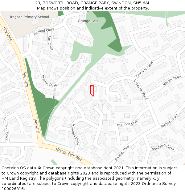 23, BOSWORTH ROAD, GRANGE PARK, SWINDON, SN5 6AL: Location map and indicative extent of plot