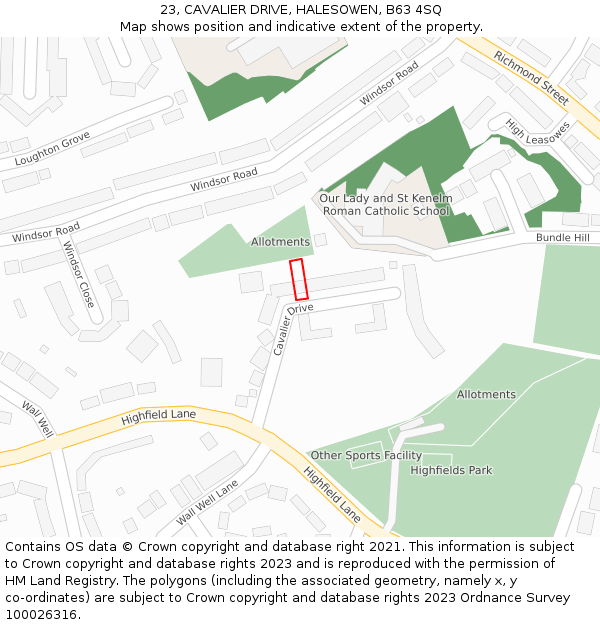 23, CAVALIER DRIVE, HALESOWEN, B63 4SQ: Location map and indicative extent of plot