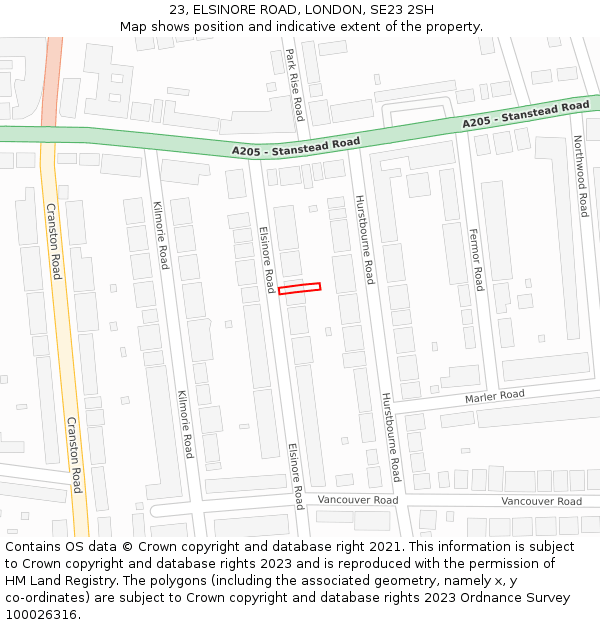 23, ELSINORE ROAD, LONDON, SE23 2SH: Location map and indicative extent of plot
