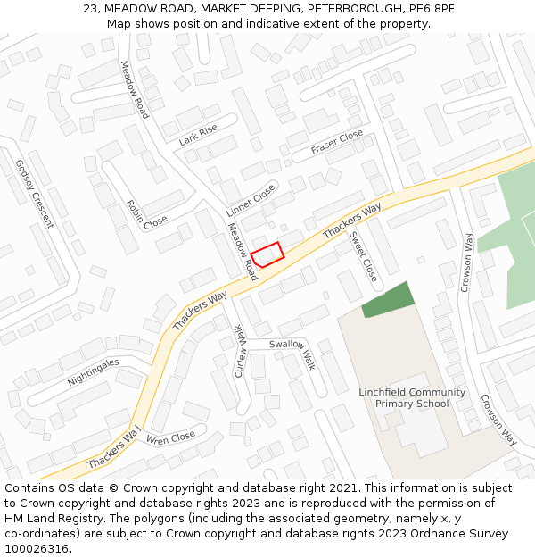 23, MEADOW ROAD, MARKET DEEPING, PETERBOROUGH, PE6 8PF: Location map and indicative extent of plot
