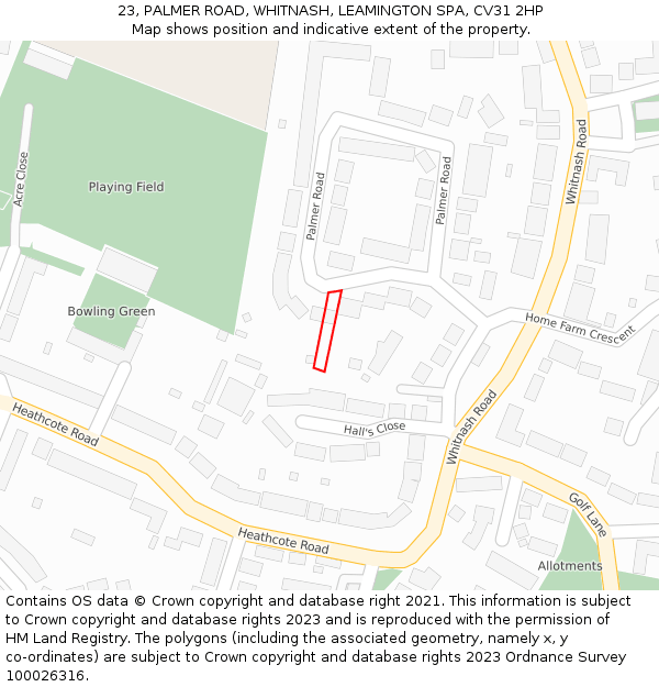 23, PALMER ROAD, WHITNASH, LEAMINGTON SPA, CV31 2HP: Location map and indicative extent of plot