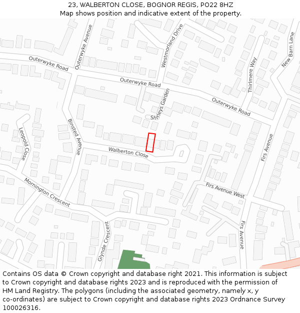 23, WALBERTON CLOSE, BOGNOR REGIS, PO22 8HZ: Location map and indicative extent of plot