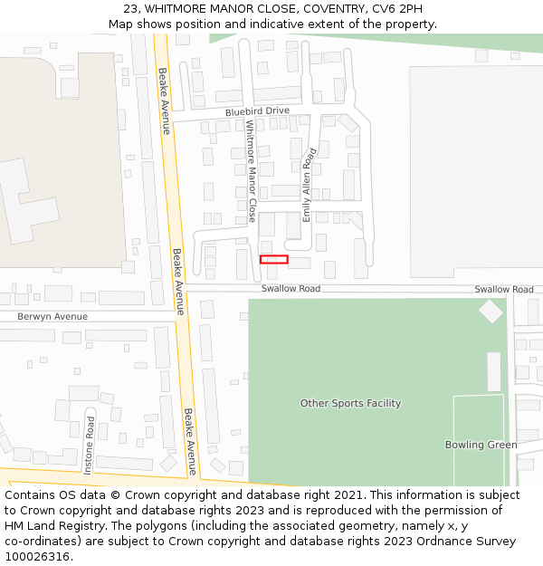 23, WHITMORE MANOR CLOSE, COVENTRY, CV6 2PH: Location map and indicative extent of plot