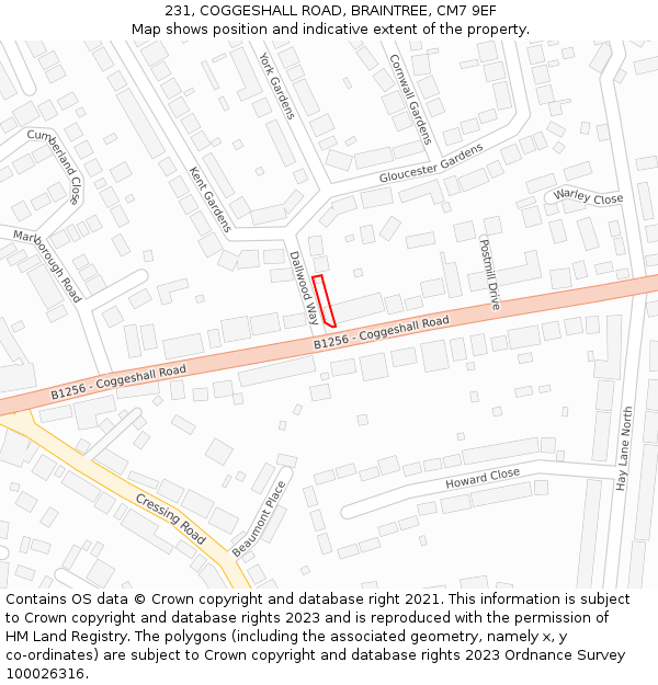 231, COGGESHALL ROAD, BRAINTREE, CM7 9EF: Location map and indicative extent of plot