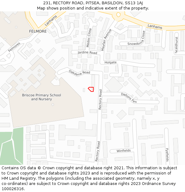 231, RECTORY ROAD, PITSEA, BASILDON, SS13 1AJ: Location map and indicative extent of plot