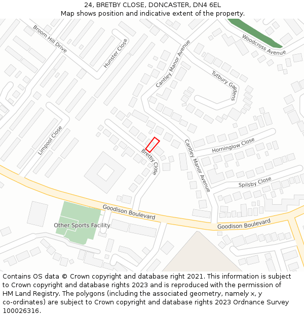 24, BRETBY CLOSE, DONCASTER, DN4 6EL: Location map and indicative extent of plot