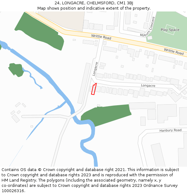 24, LONGACRE, CHELMSFORD, CM1 3BJ: Location map and indicative extent of plot