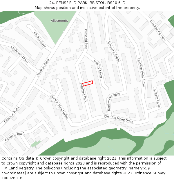 24, PENSFIELD PARK, BRISTOL, BS10 6LD: Location map and indicative extent of plot