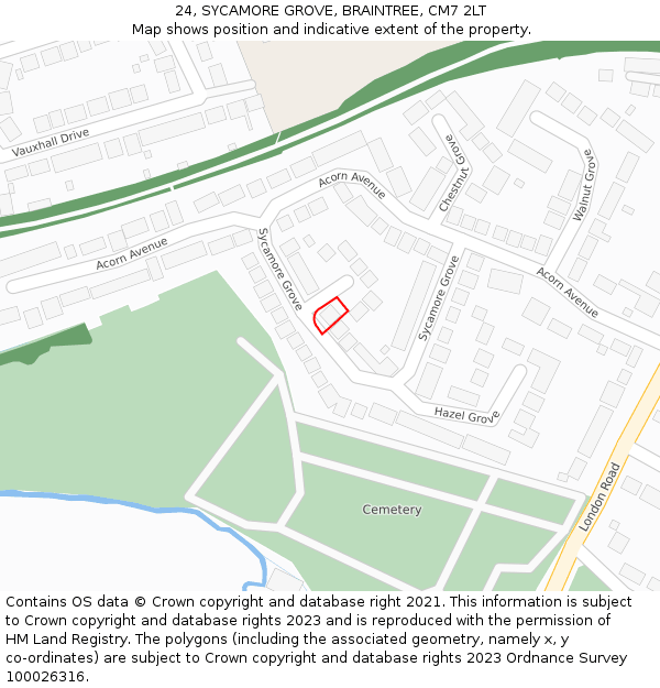 24, SYCAMORE GROVE, BRAINTREE, CM7 2LT: Location map and indicative extent of plot