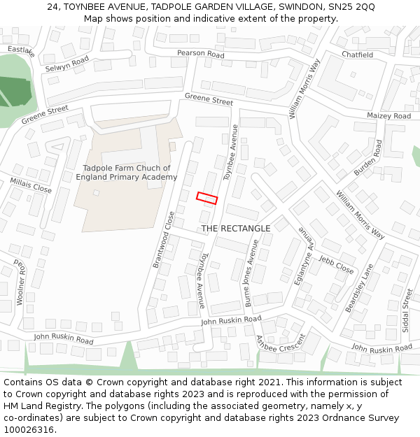 24, TOYNBEE AVENUE, TADPOLE GARDEN VILLAGE, SWINDON, SN25 2QQ: Location map and indicative extent of plot