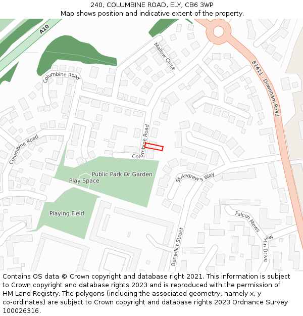240, COLUMBINE ROAD, ELY, CB6 3WP: Location map and indicative extent of plot