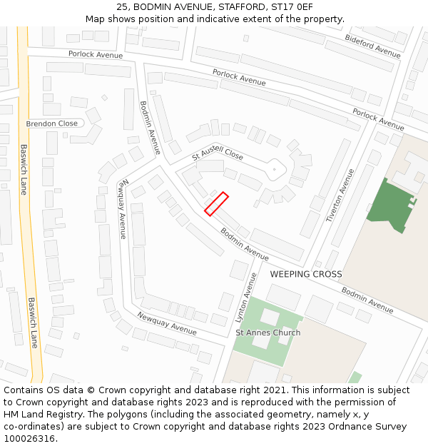 25, BODMIN AVENUE, STAFFORD, ST17 0EF: Location map and indicative extent of plot