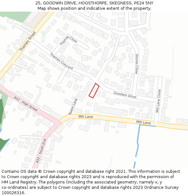 25, GOODWIN DRIVE, HOGSTHORPE, SKEGNESS, PE24 5NY: Location map and indicative extent of plot