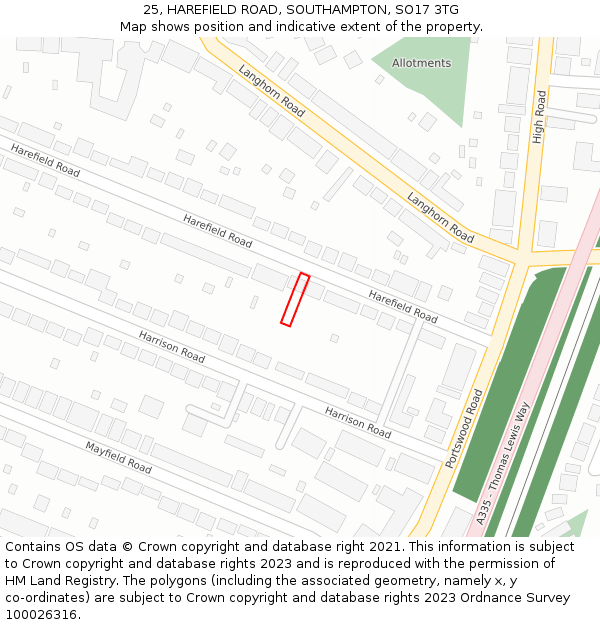 25, HAREFIELD ROAD, SOUTHAMPTON, SO17 3TG: Location map and indicative extent of plot