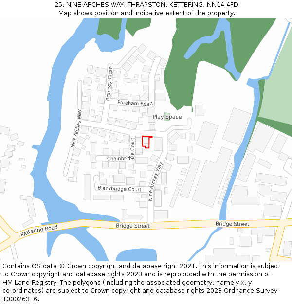 25, NINE ARCHES WAY, THRAPSTON, KETTERING, NN14 4FD: Location map and indicative extent of plot