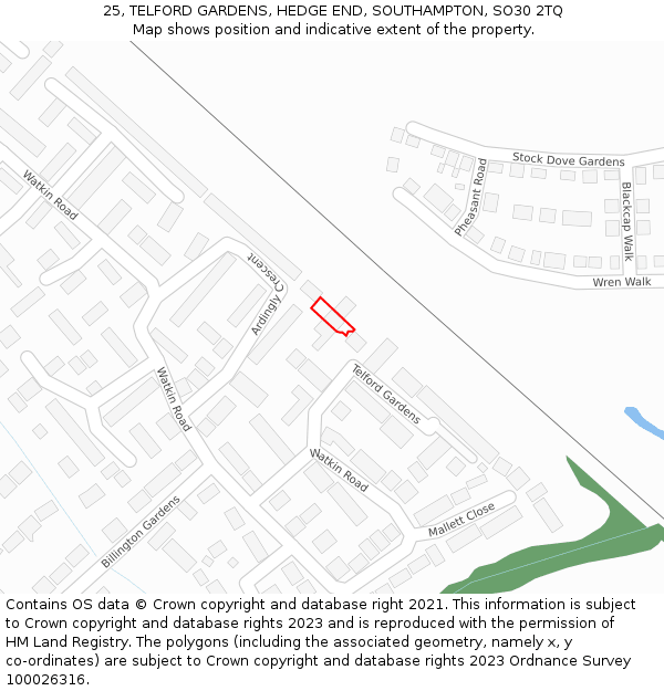 25, TELFORD GARDENS, HEDGE END, SOUTHAMPTON, SO30 2TQ: Location map and indicative extent of plot