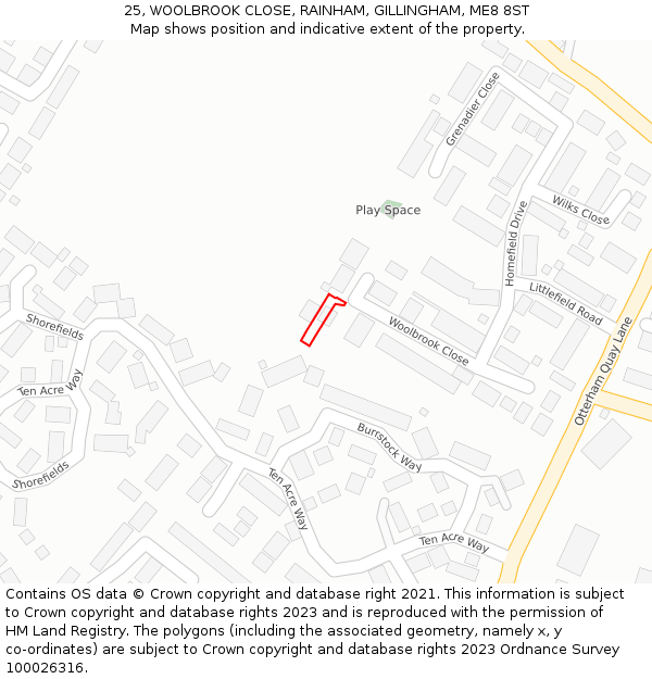 25, WOOLBROOK CLOSE, RAINHAM, GILLINGHAM, ME8 8ST: Location map and indicative extent of plot