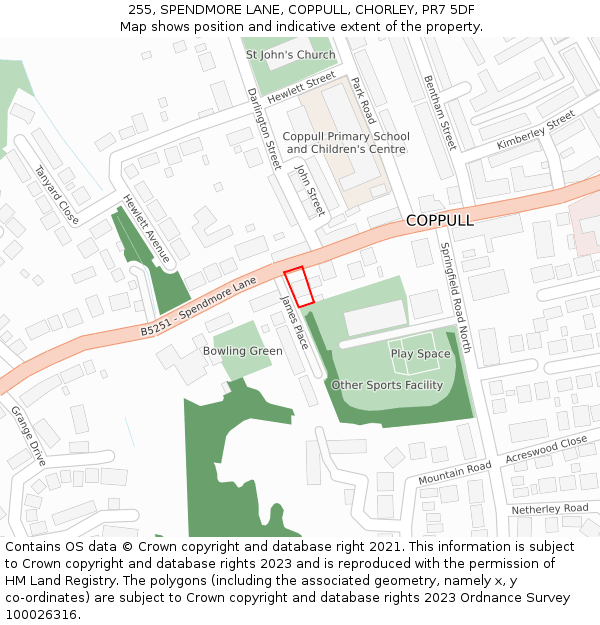 255, SPENDMORE LANE, COPPULL, CHORLEY, PR7 5DF: Location map and indicative extent of plot
