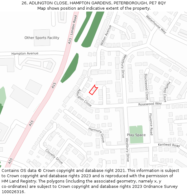 26, ADLINGTON CLOSE, HAMPTON GARDENS, PETERBOROUGH, PE7 8QY: Location map and indicative extent of plot