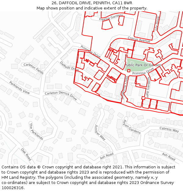 26, DAFFODIL DRIVE, PENRITH, CA11 8WR: Location map and indicative extent of plot