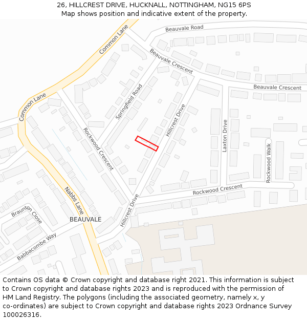 26, HILLCREST DRIVE, HUCKNALL, NOTTINGHAM, NG15 6PS: Location map and indicative extent of plot
