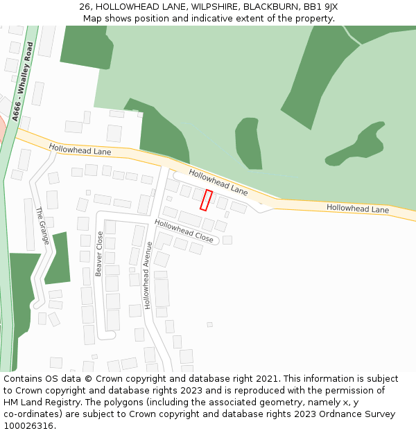 26, HOLLOWHEAD LANE, WILPSHIRE, BLACKBURN, BB1 9JX: Location map and indicative extent of plot
