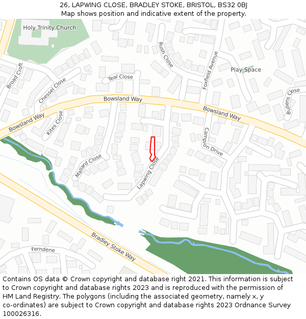 26, LAPWING CLOSE, BRADLEY STOKE, BRISTOL, BS32 0BJ: Location map and indicative extent of plot
