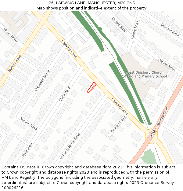 26, LAPWING LANE, MANCHESTER, M20 2NS: Location map and indicative extent of plot