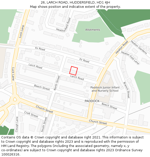 26, LARCH ROAD, HUDDERSFIELD, HD1 4JH: Location map and indicative extent of plot