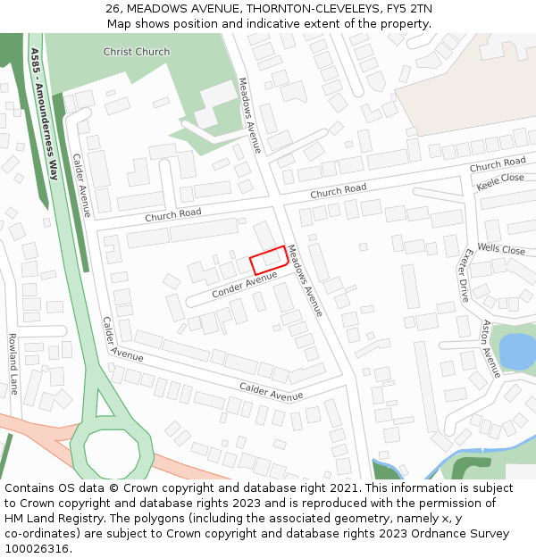 26, MEADOWS AVENUE, THORNTON-CLEVELEYS, FY5 2TN: Location map and indicative extent of plot