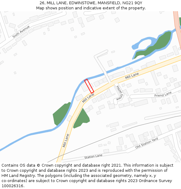 26, MILL LANE, EDWINSTOWE, MANSFIELD, NG21 9QY: Location map and indicative extent of plot