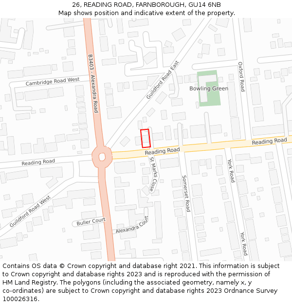 26, READING ROAD, FARNBOROUGH, GU14 6NB: Location map and indicative extent of plot