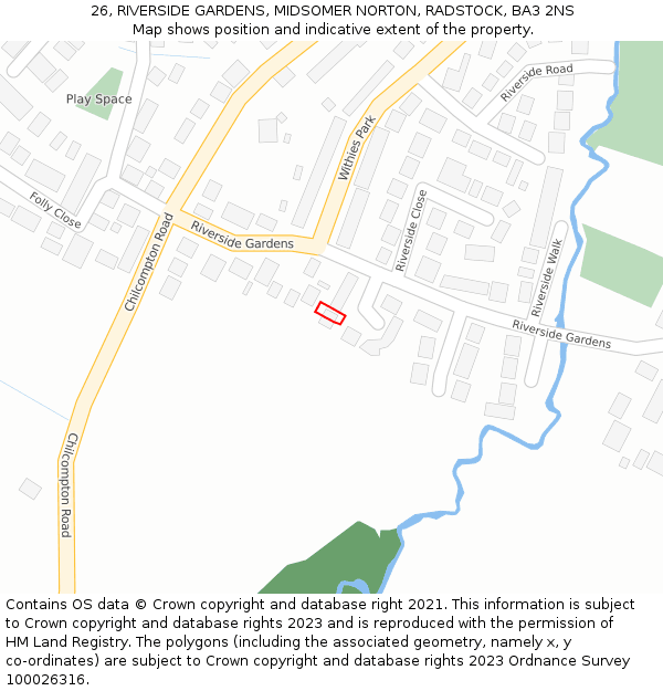 26, RIVERSIDE GARDENS, MIDSOMER NORTON, RADSTOCK, BA3 2NS: Location map and indicative extent of plot