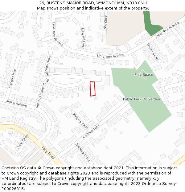 26, RUSTENS MANOR ROAD, WYMONDHAM, NR18 0NH: Location map and indicative extent of plot