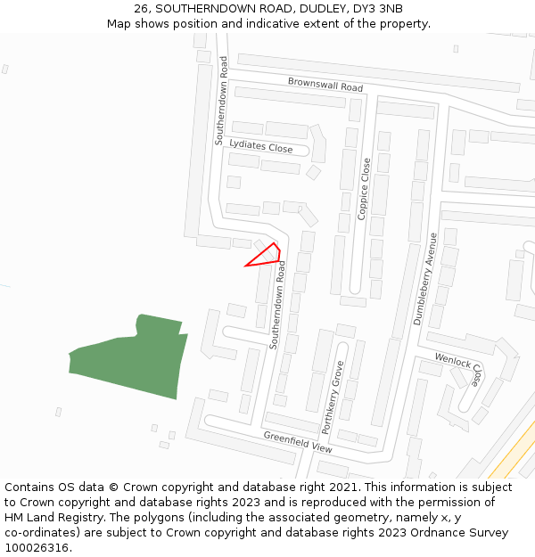 26, SOUTHERNDOWN ROAD, DUDLEY, DY3 3NB: Location map and indicative extent of plot