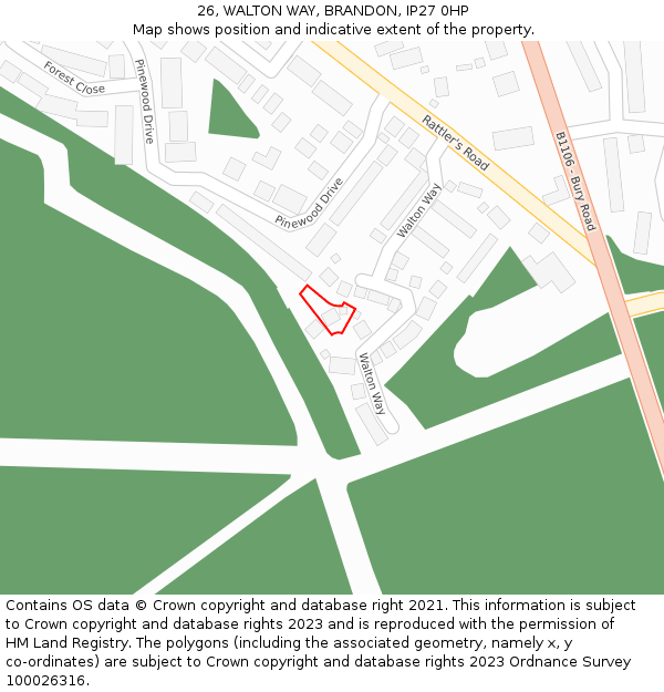 26, WALTON WAY, BRANDON, IP27 0HP: Location map and indicative extent of plot